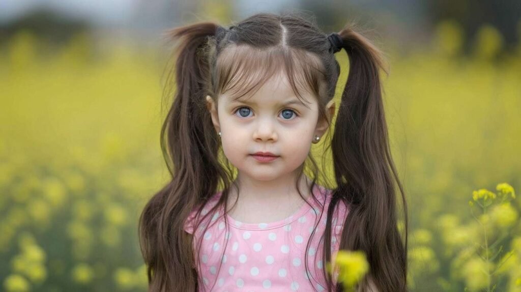 A photo of a cute white girl with shiny black long hair. She has big blue eyes and is wearing a pink dress with white polka dots. Her hair is tied in two high ponytails. She is standing in a field of yellow flowers. The background is blurred. How to get thick hair